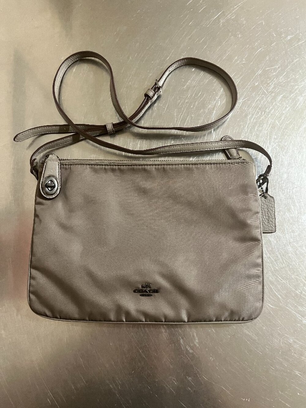 COACH Taupe Gray Pacer Nylon Lockable Multi Pouch Crossbody Bag